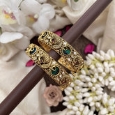 Vriksham Peacock Motif Antique Gold Bangles with Kundan Work-Screw Type Bangles-G19908